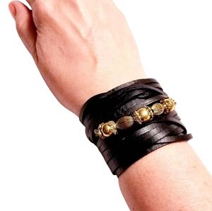 Multi Strands Beaded Black Leather Cuff Bracelet